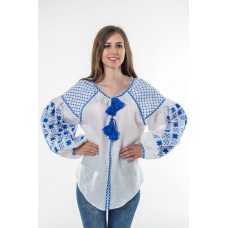 Boho Style Ukrainian Embroidered Folk  Blouse "Starry Sky" blue on white